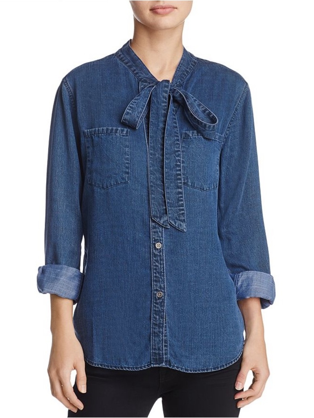 RAILS Long Sleeve Dark Vintage Wash ROSALEE Tie Collar Chambray Denim Shirt Sm